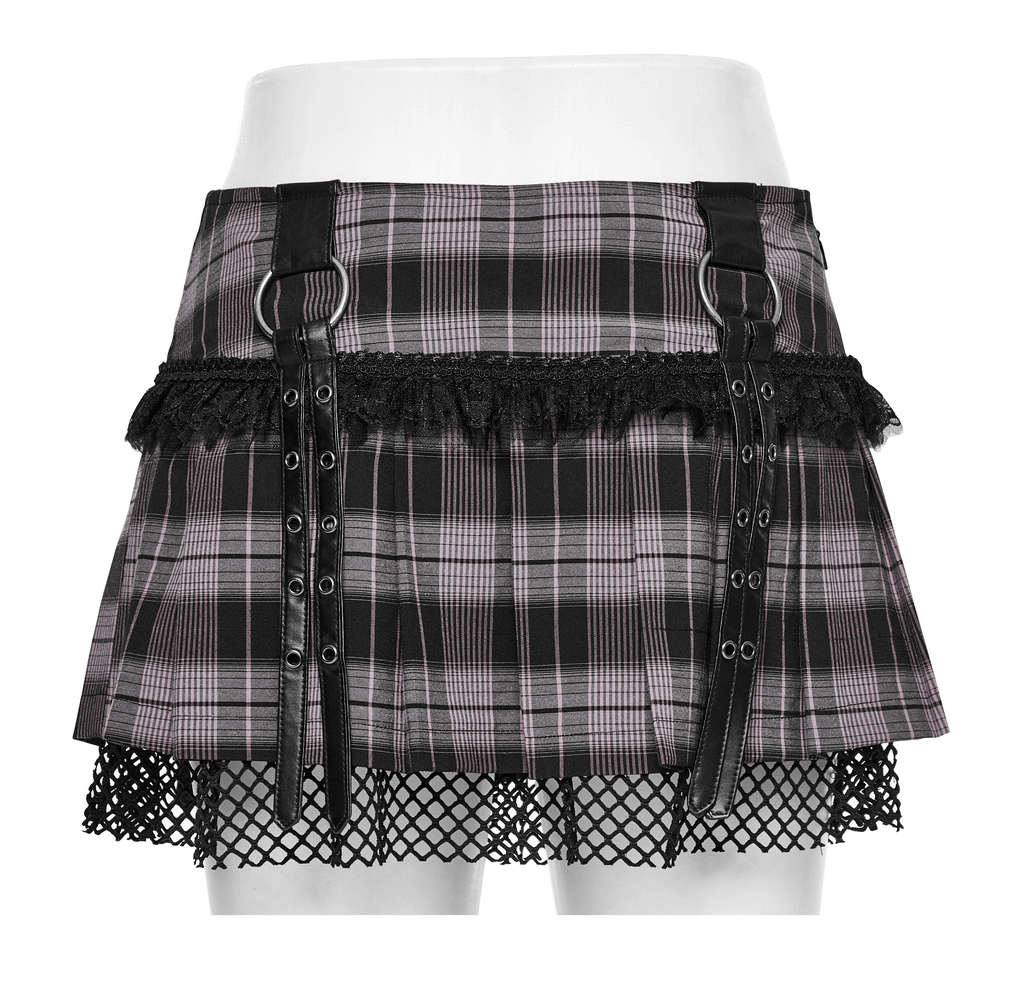 Black and pink plaid mini skirt with fishnet layer and punk-inspired details, perfect for edgy fashion lovers.