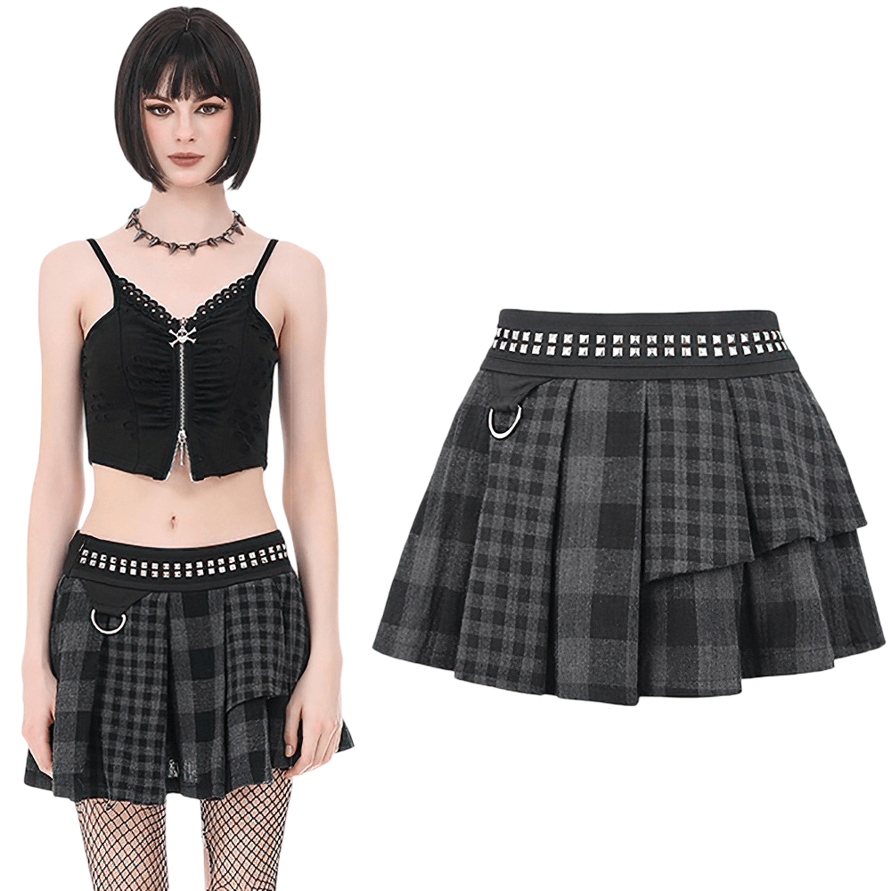 Female Plaid Pleated Mini Skirt with Studded Waist