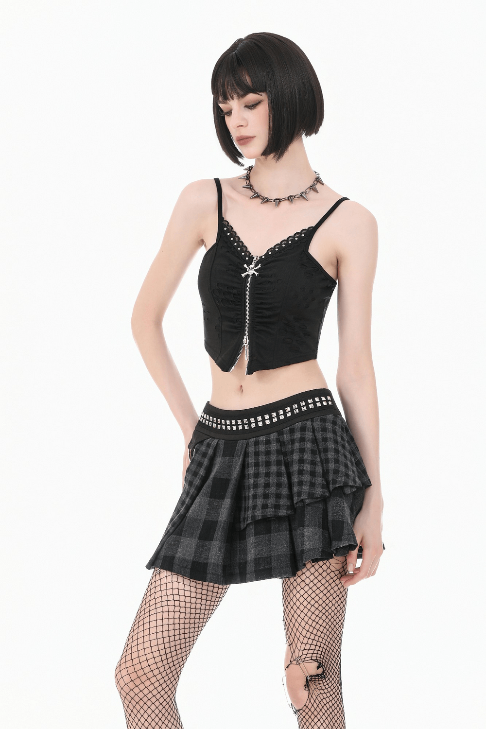 Female Plaid Pleated Mini Skirt with Studded Waist