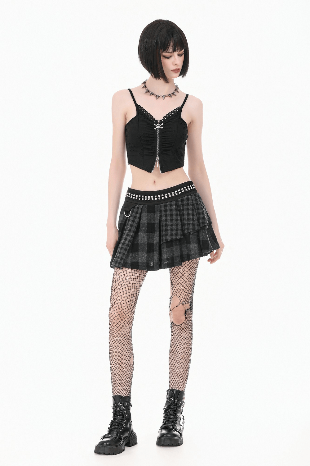 Female Plaid Pleated Mini Skirt with Studded Waist