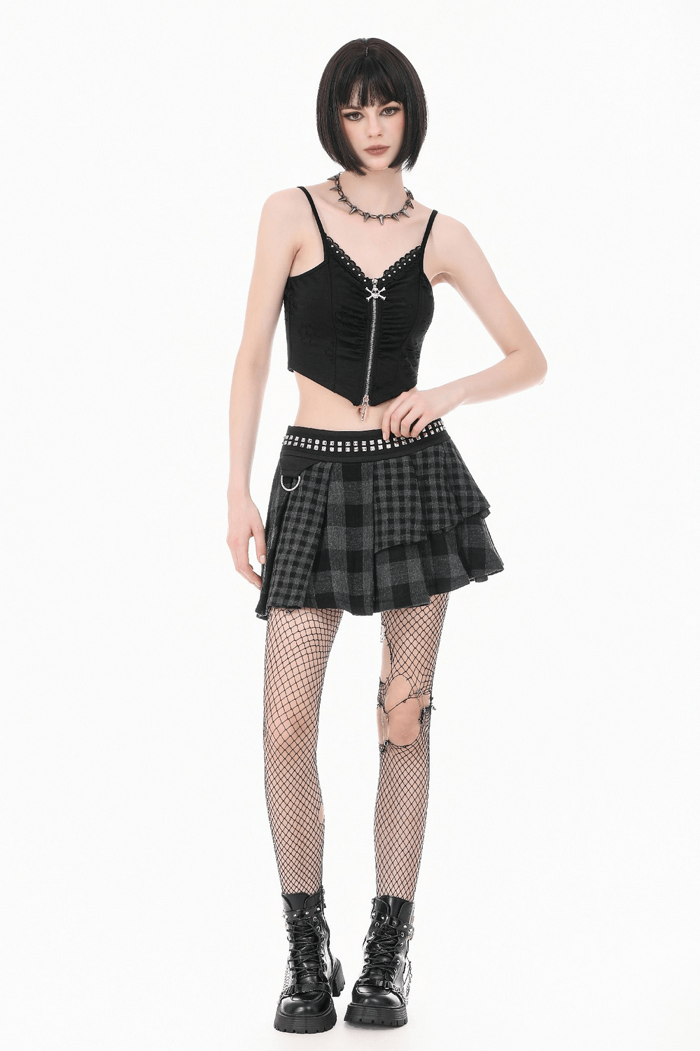 Female Plaid Pleated Mini Skirt with Studded Waist