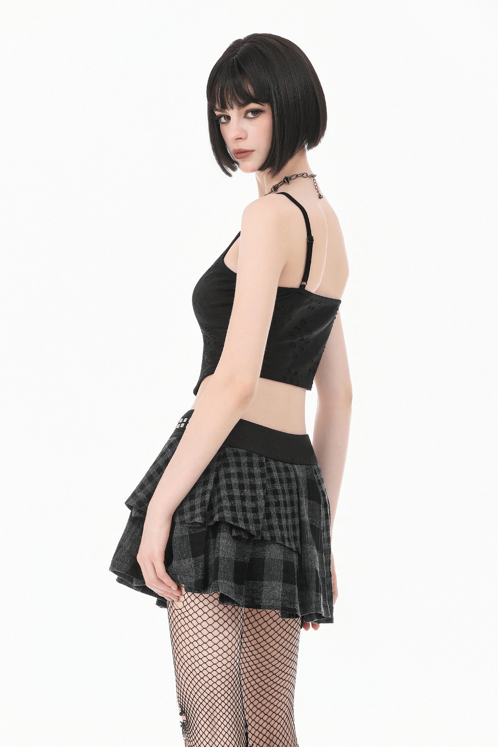 Female Plaid Pleated Mini Skirt with Studded Waist