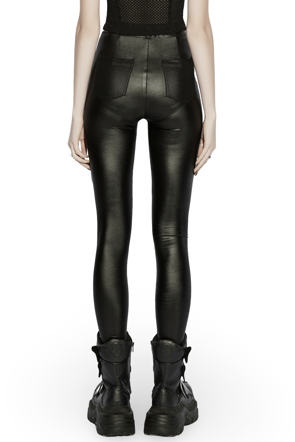 Alt Tag: Female Punk Mesh Cutout Leggings with Zip Details back view black gothic punk leggings with moto panels and sleek stretch fit