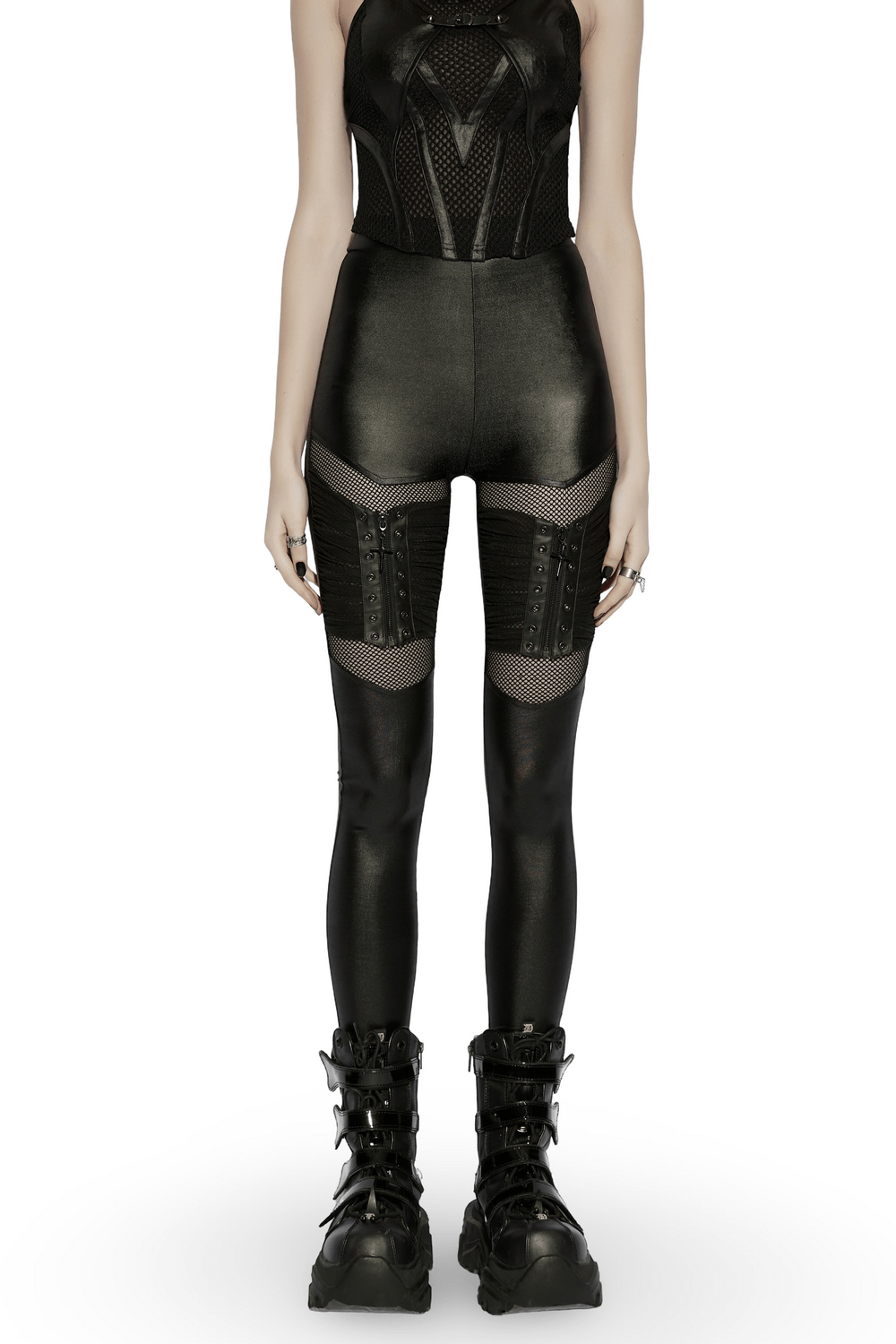 Alt Tag: Female Punk Mesh Cutout Leggings with Zip Details in black, gothic moto panels, mesh cutouts, zipper and eyelet accents, stretch fit