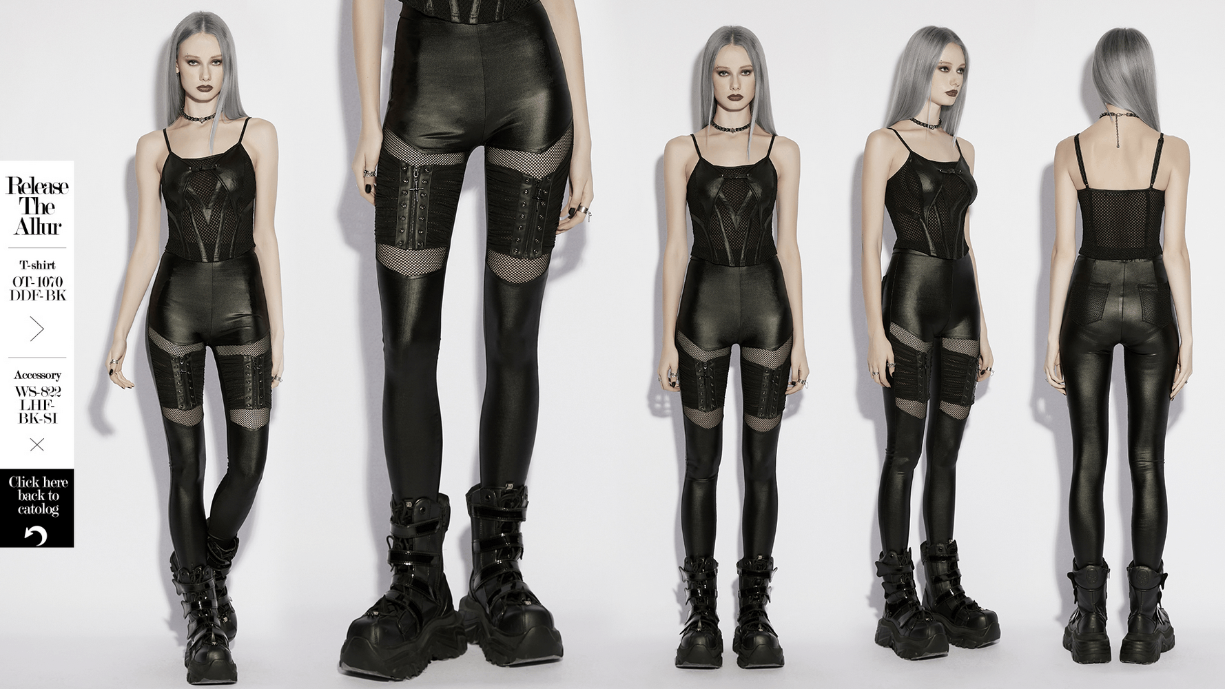 Alt Tag: Female Punk Mesh Cutout Leggings with Zip Details on model, black gothic moto panels, pleated cutouts, zipper & eyelet accents