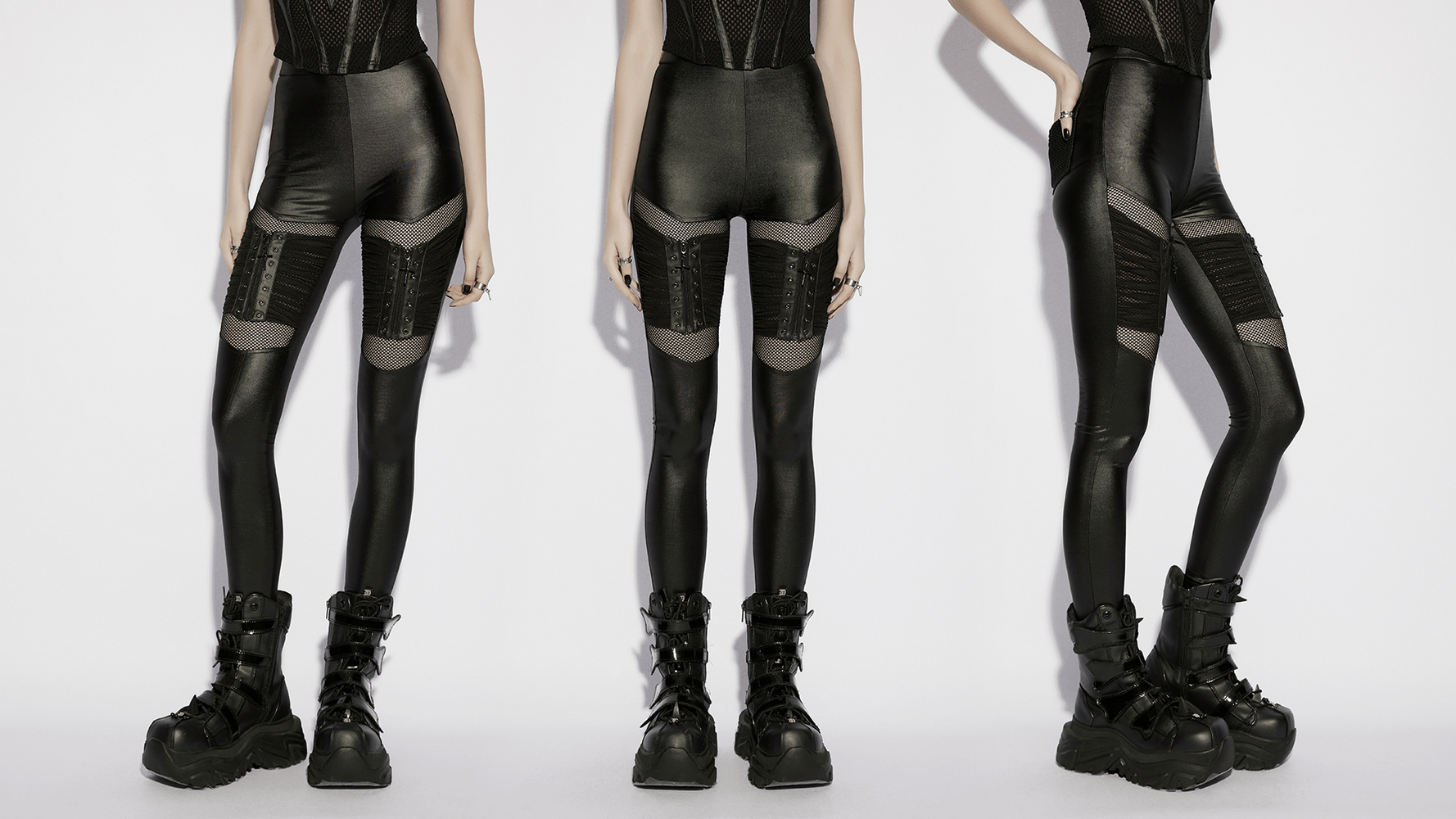 Alt Tag: Female Punk Mesh Cutout Leggings with Zip Details in black, gothic moto panel leggings with mesh cutouts, pleats, zippers, and eyelets