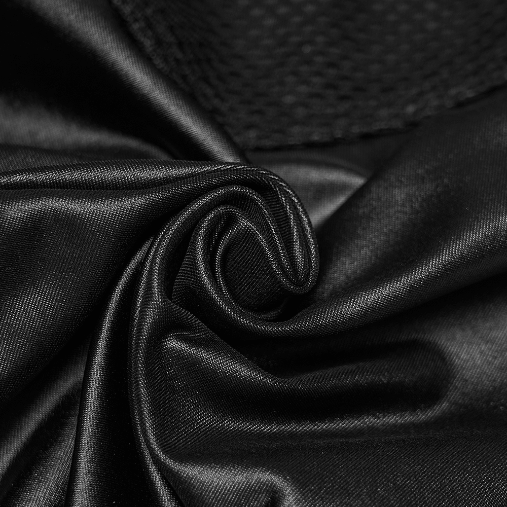 Alt Tag: Female Punk Mesh Cutout Leggings with Zip Details black elastic knit and mesh fabric close-up, gothic moto panel texture