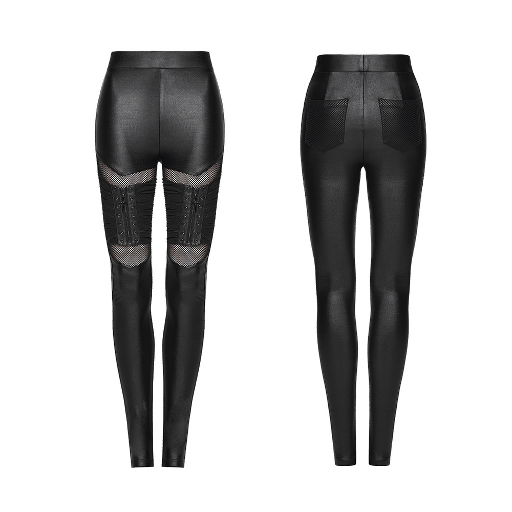 Alt Tag: Female Punk Mesh Cutout Leggings with Zip Details, front and back view black gothic moto leggings with mesh cutouts