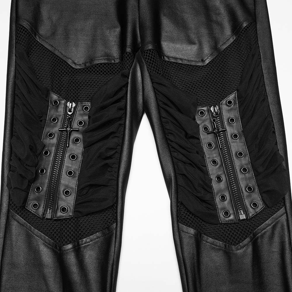 Alt Tag: Female Punk Mesh Cutout Leggings with Zip Details black gothic moto leggings with mesh panels, pleats, zippers, and eyelets