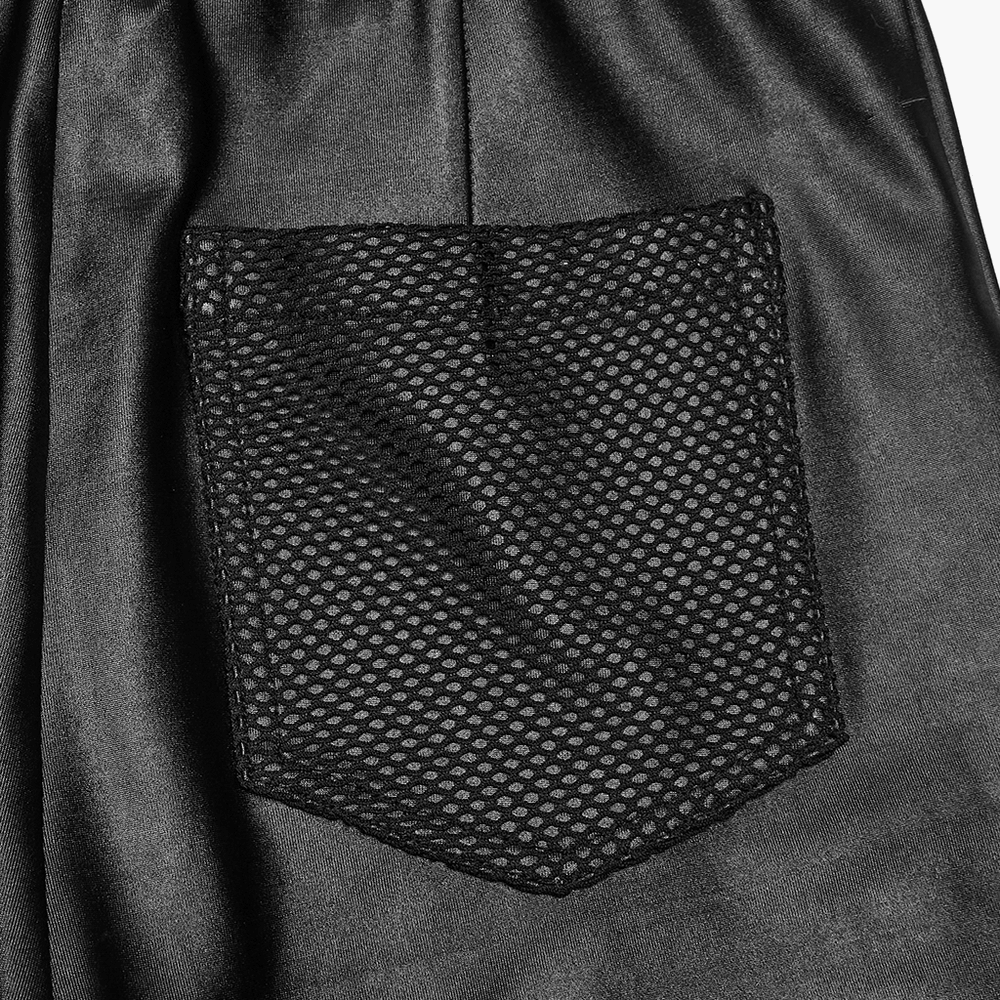 Alt Tag: Female Punk Mesh Cutout Leggings with Zip Details close-up of black mesh pocket panel on gothic punk leggings