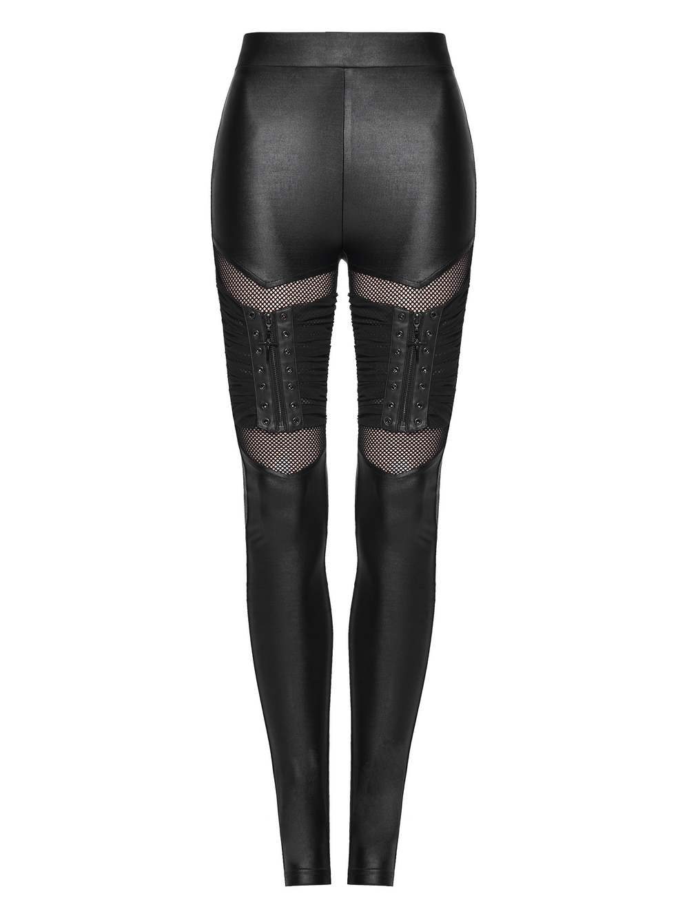 Alt Tag: Female Punk Mesh Cutout Leggings with Zip Details - black gothic moto leggings with mesh cutouts, pleated panels, zipper trims
