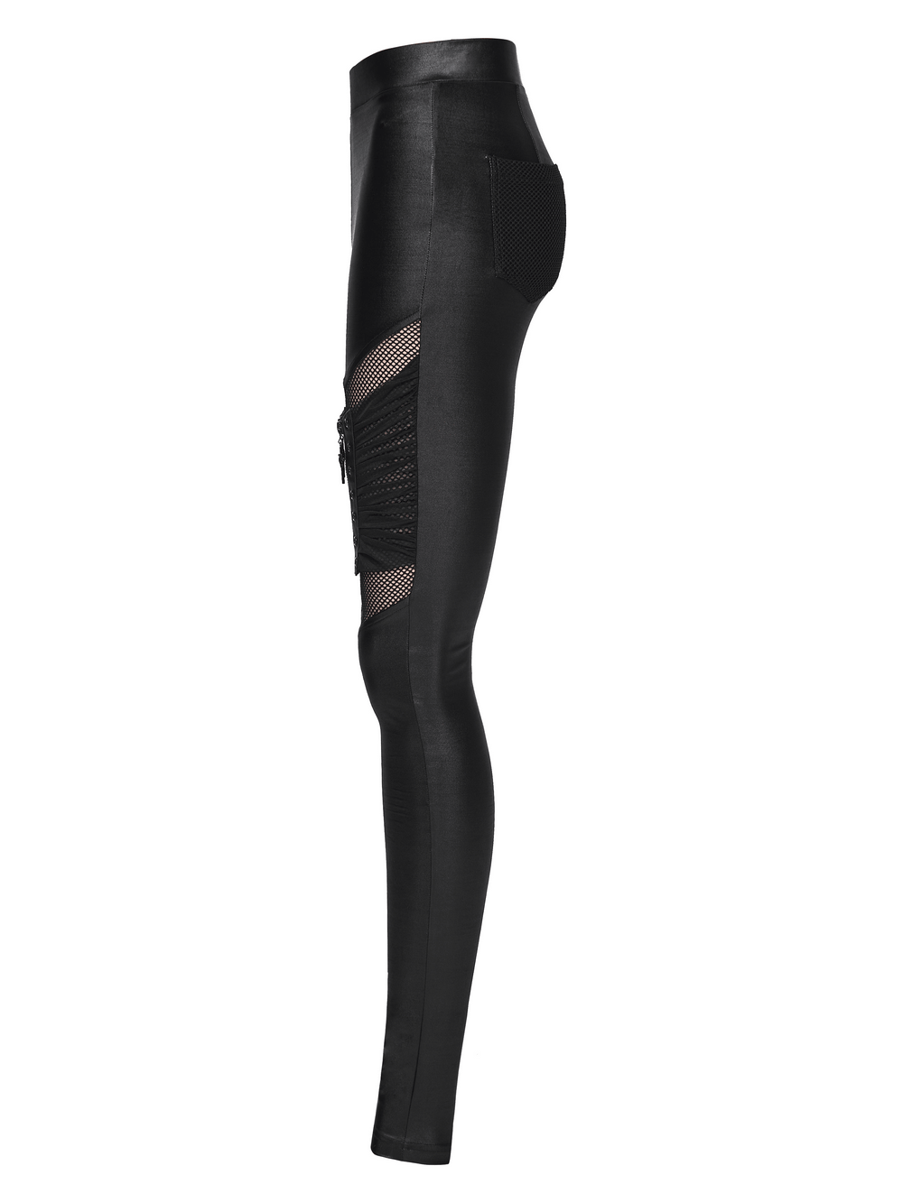 Alt Tag: Female Punk Mesh Cutout Leggings with Zip Details in black, side view with mesh cutout, pleated moto panel and edgy silhouette