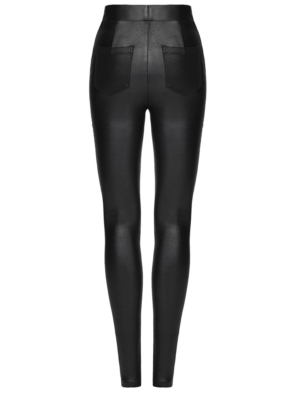 Alt Tag: Female Punk Mesh Cutout Leggings with Zip Details, black gothic moto punk leggings back view with sleek stretch fit and edgy attitude