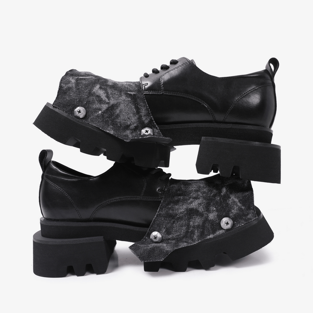 Female Punk Open Toe Shoes with Denim Flap and Lug Soles black grunge lace-up platform shoes with chunky heels and studs