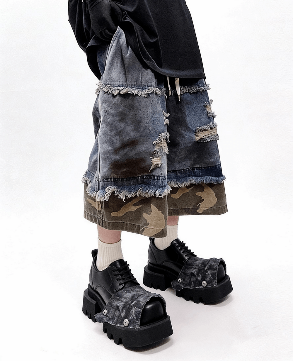Female Punk Open Toe Shoes with Denim Flap and Lug Soles, grunge lace-up platform shoes with chunky heels