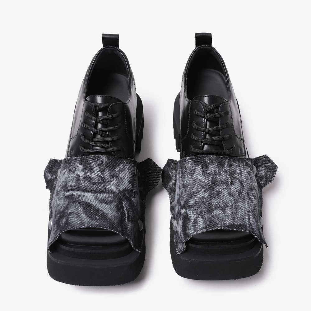 Female Punk Open Toe Shoes with Denim Flap and Lug Soles black lace-up grunge platform shoes with chunky heels