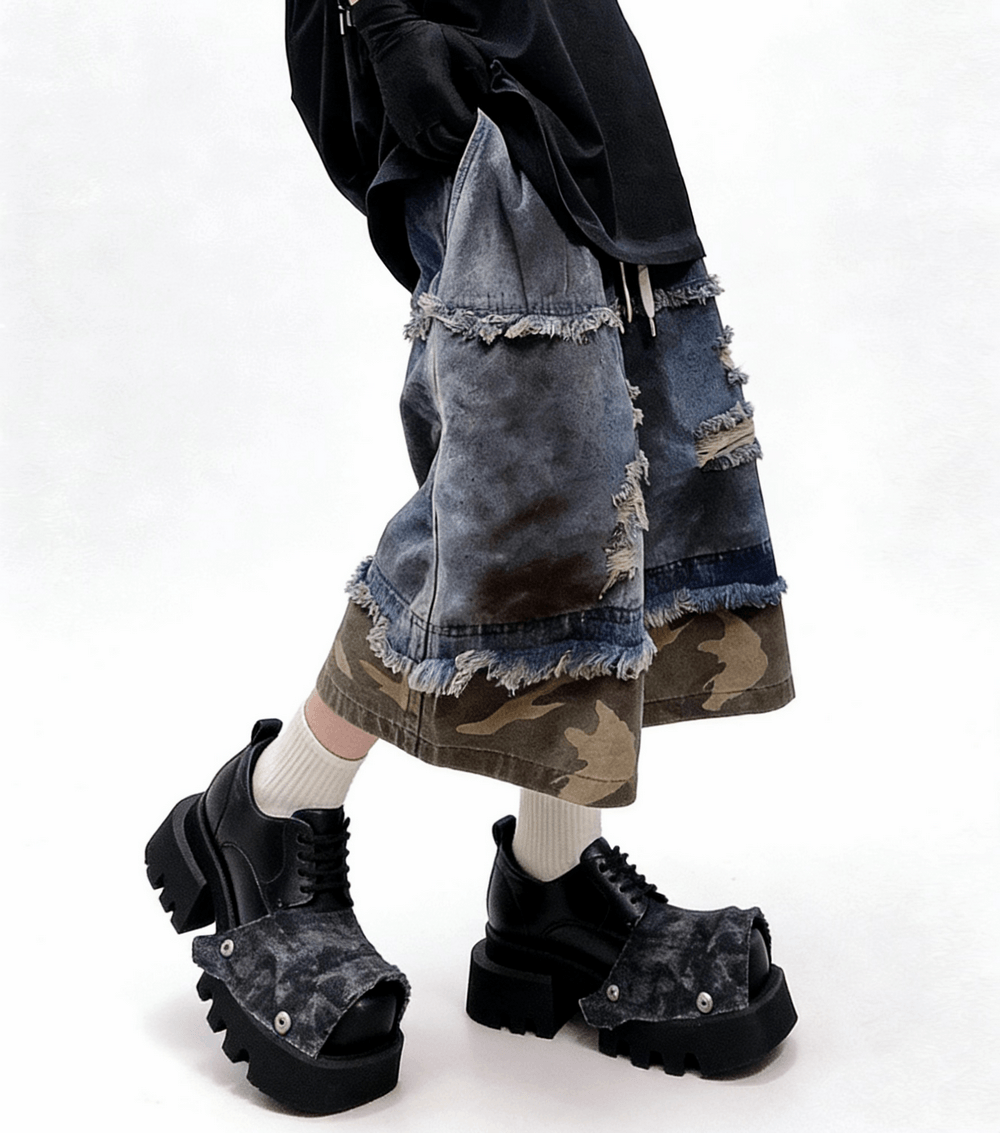 Female Punk Open Toe Shoes with Denim Flap and Lug Soles, grunge lace-up chunky heels with studs