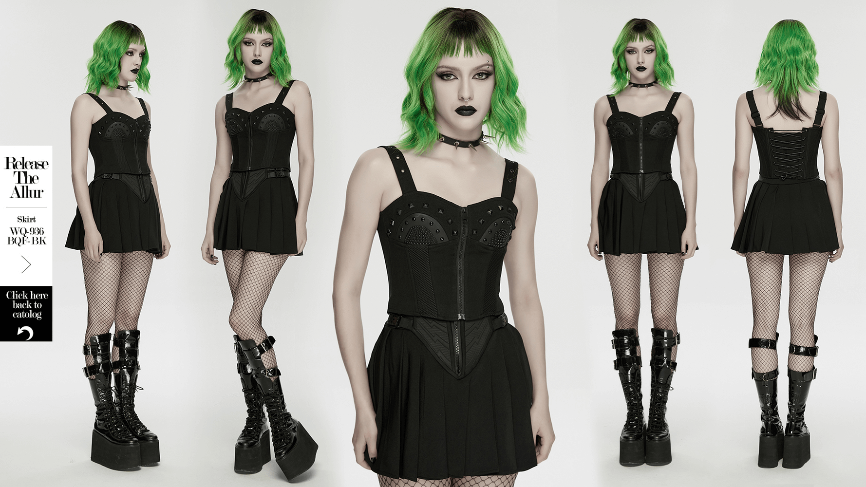 Alt Tag: Female Punk Studded Mesh Corset Top with Back Lacing on model in black cyberpunk corset dress, fishnet tights & platform boots, front/back views