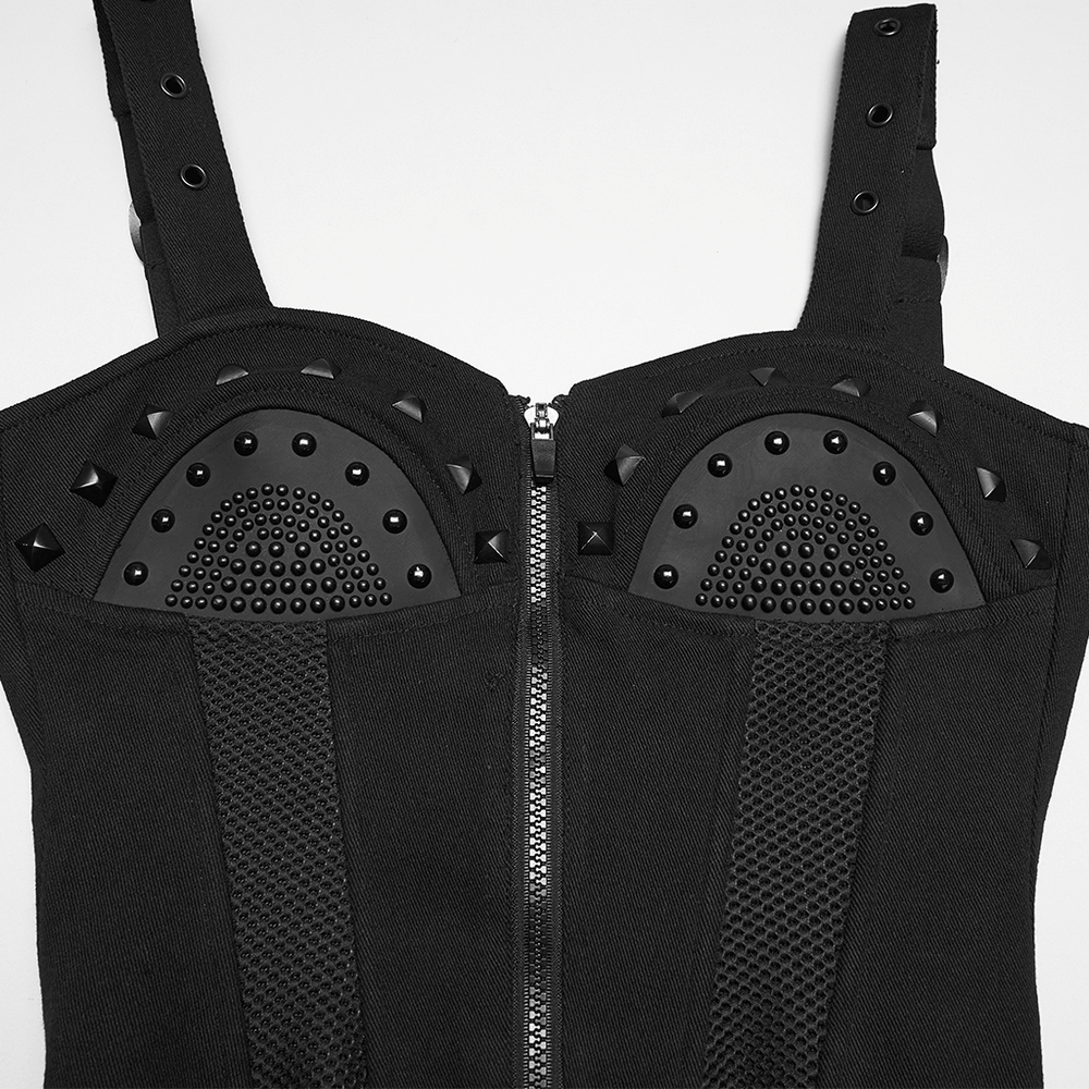 Female Punk Studded Mesh Corset Top with Back Lacing black cyberpunk denim mesh corset, zip front, rubber panels, metal studs