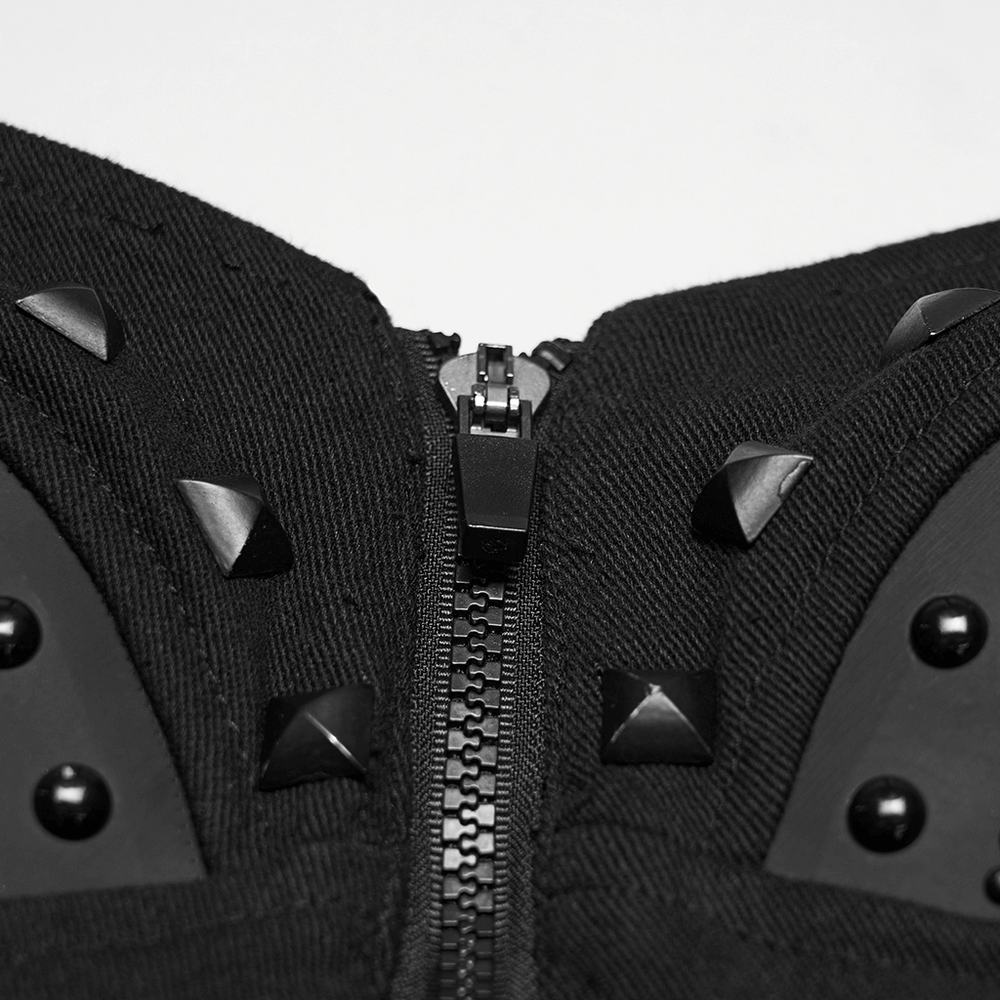 Alt Tag: Female Punk Studded Mesh Corset Top with Back Lacing close-up zip front, black denim, metal studs and rubber chest panels