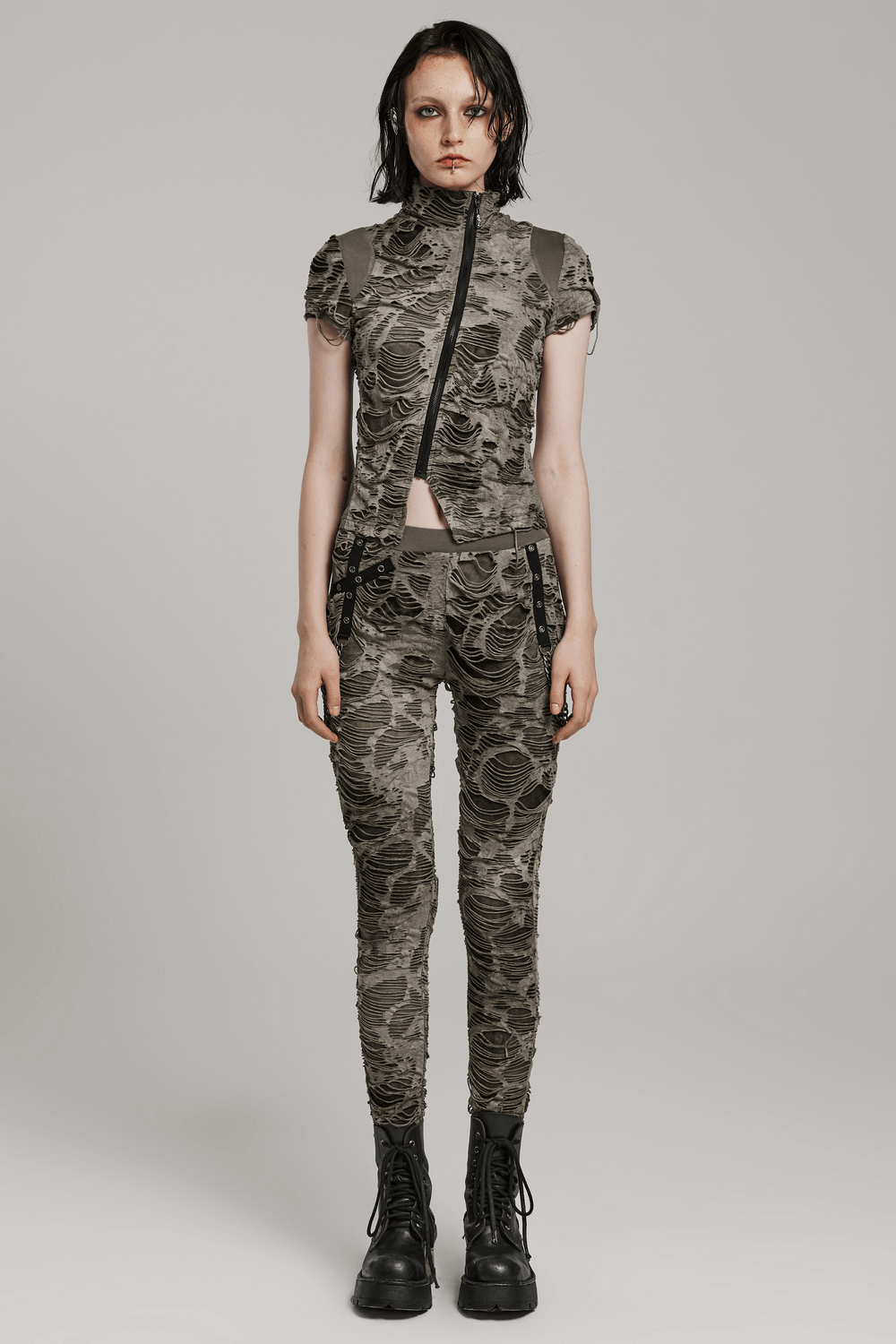 Female Ripped Skinny Trousers with Chain Detailing
