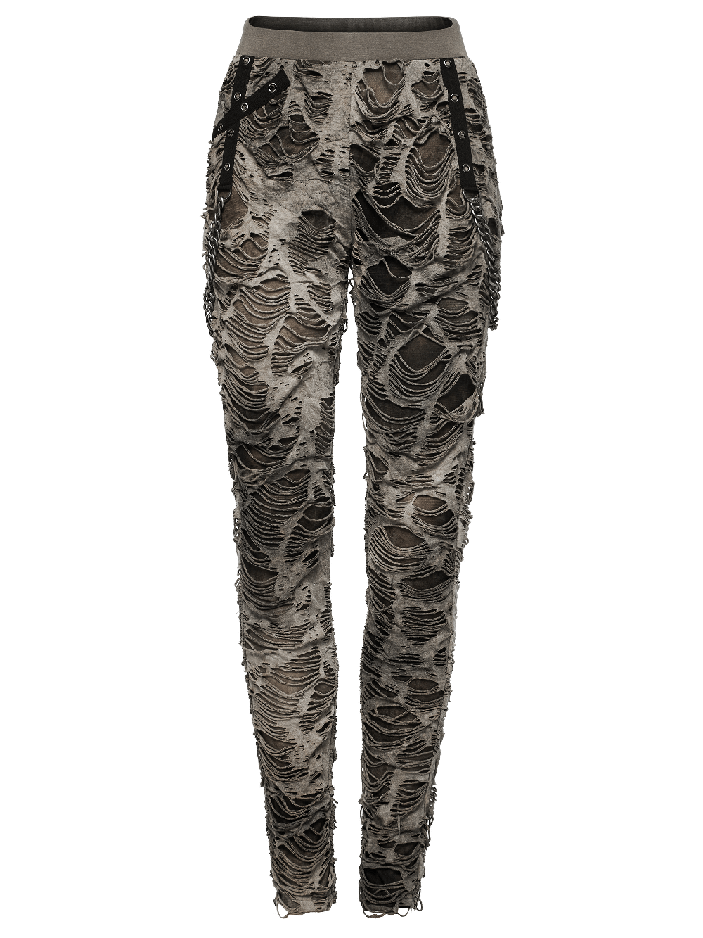Female ripped skinny trousers with chain detailing, featuring a tattered texture and punk rock style.