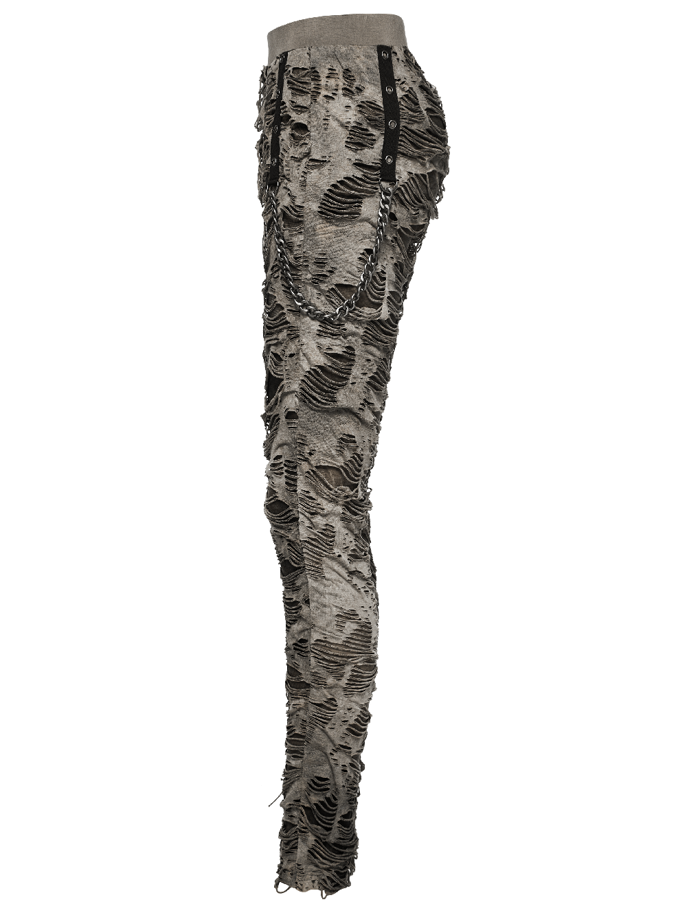 Female ripped skinny trousers with edgy chain detailing for a punk rock stylish look.
