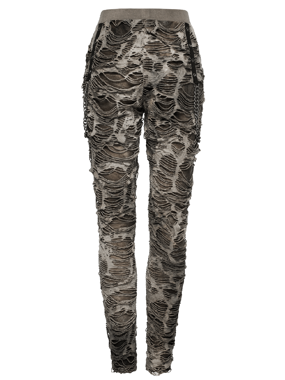 Female ripped skinny trousers with edgy chain detailing and a tattered texture for a punk rock style.