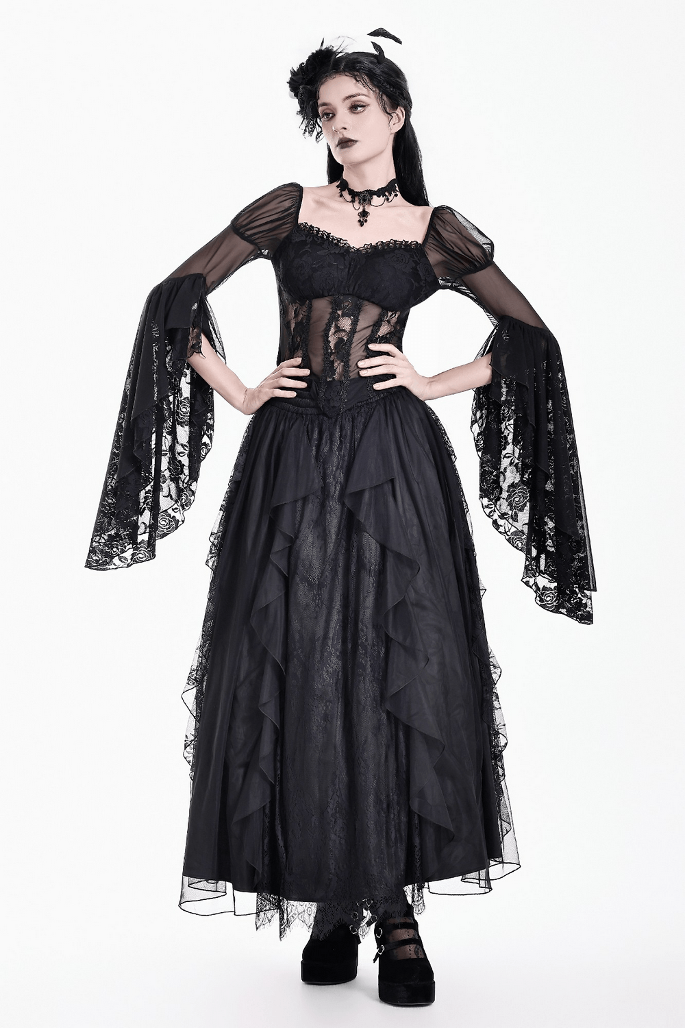 Female Sheer Lace Corset Top with Long Bell Sleeves gothic black Victorian blouse with dramatic mesh cuffs
