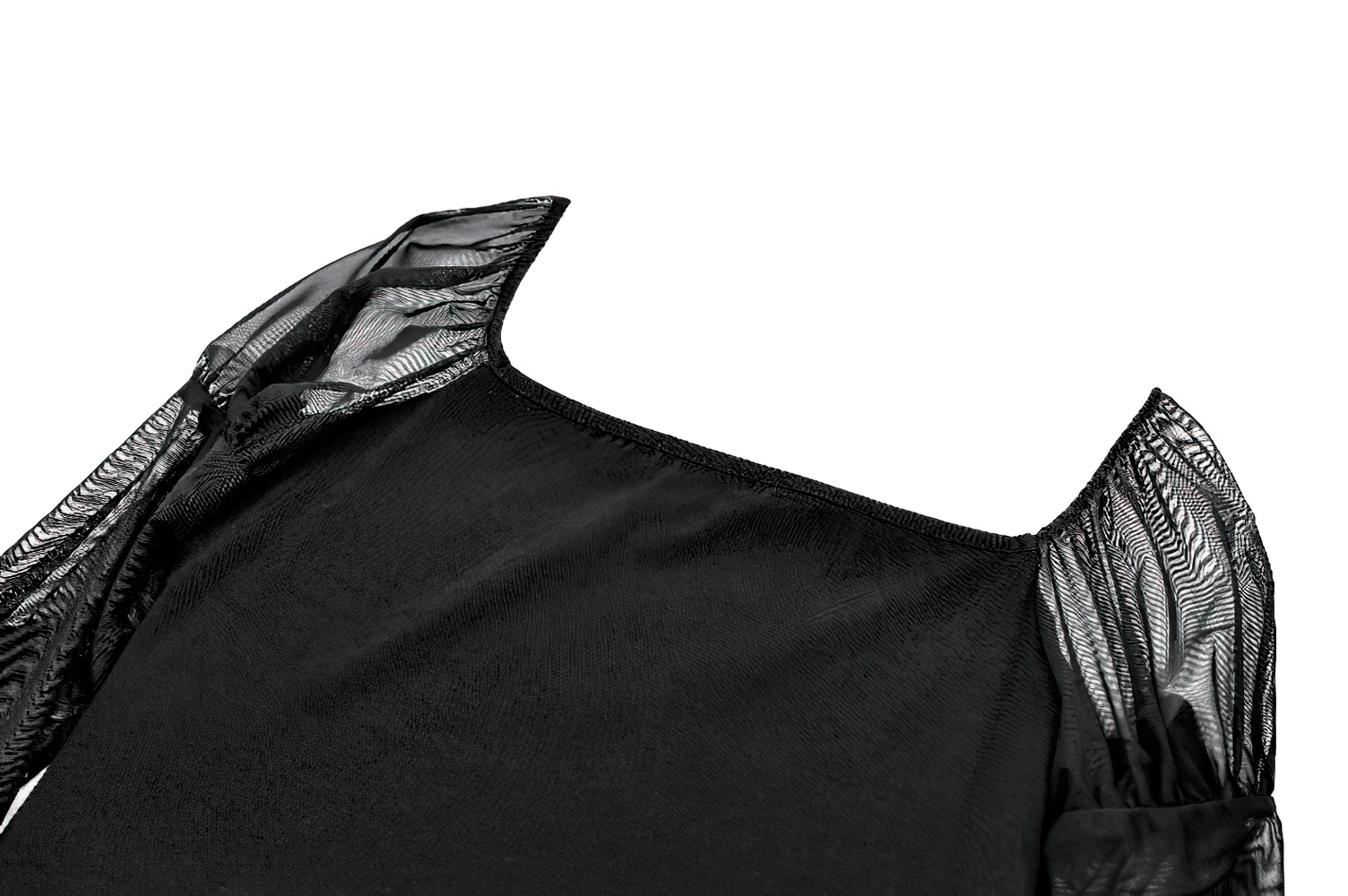 Female Sheer Lace Corset Top with Long Bell Sleeves, black gothic Victorian blouse with sheer mesh and dramatic flared cuffs