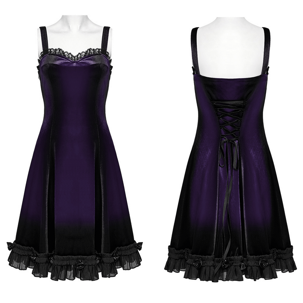 Gothic purple velvet dress with lace details and ruffled hem, featuring an adjustable corset back.