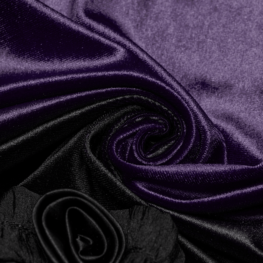 Close-up of luxurious velvet fabric in deep purple and black, showcasing softness and elegant texture for gothic fashion.
