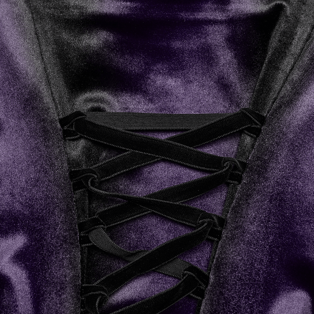 Close-up of adjustable corset back with black laces on soft purple velvet for gothic dress.