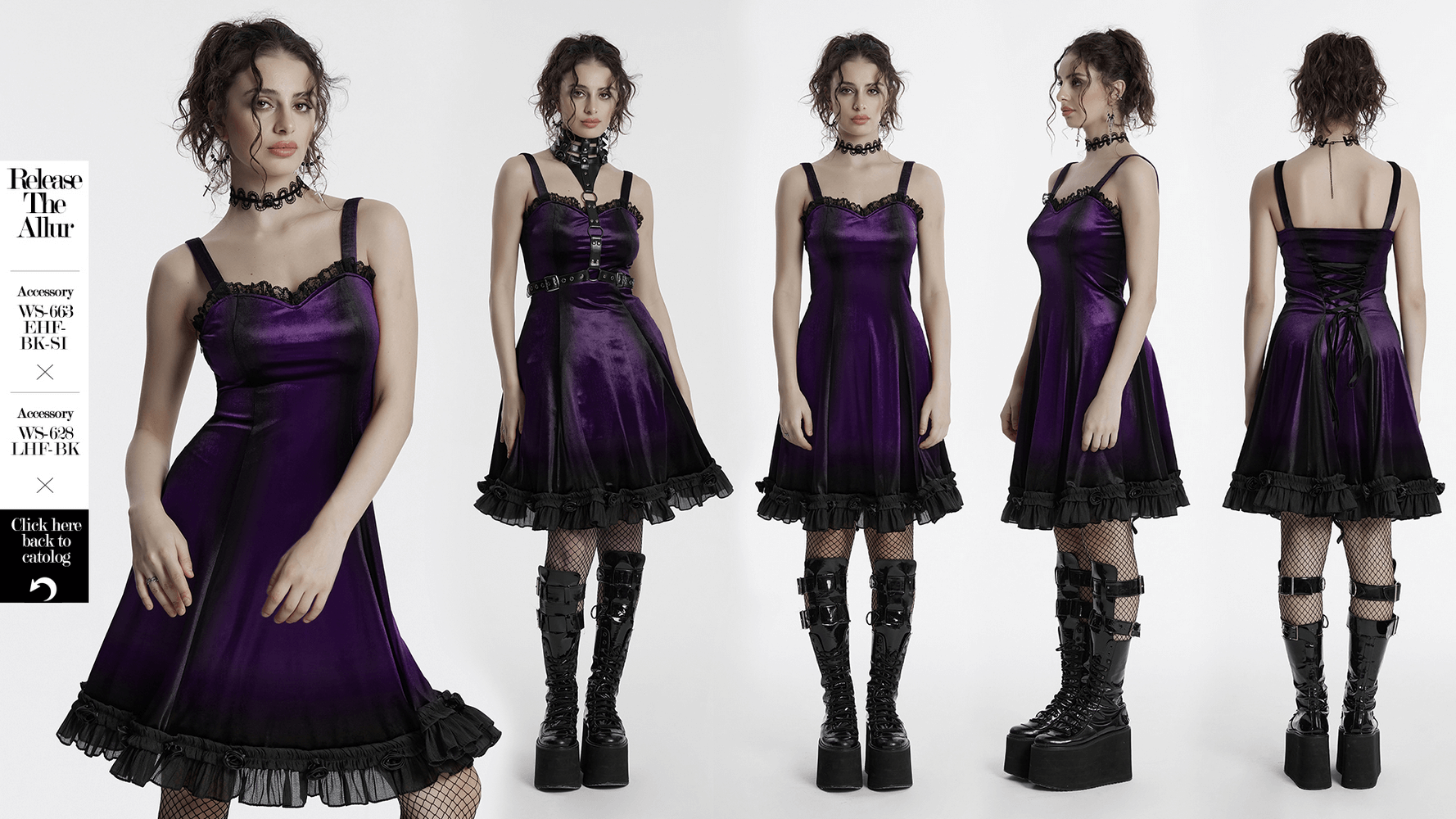 Gothic female sleeveless velvet dress in purple with lace details and ruffle hem, showcasing adjustable corset back.