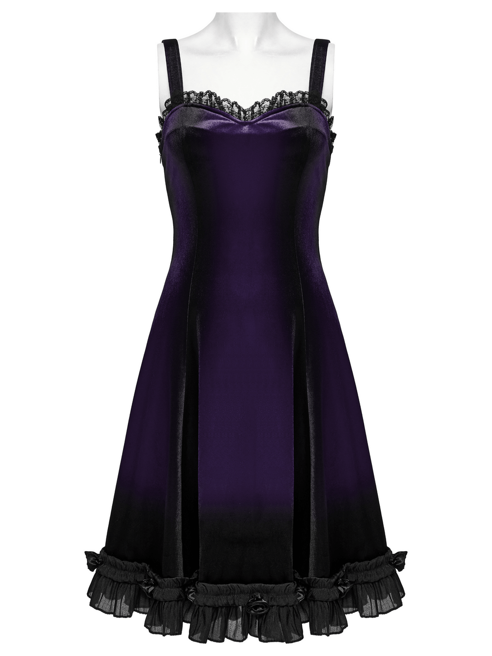 Gothic sleeveless velvet dress in gradient purple, featuring lace details and playful ruffled hem, perfect for a charming look.