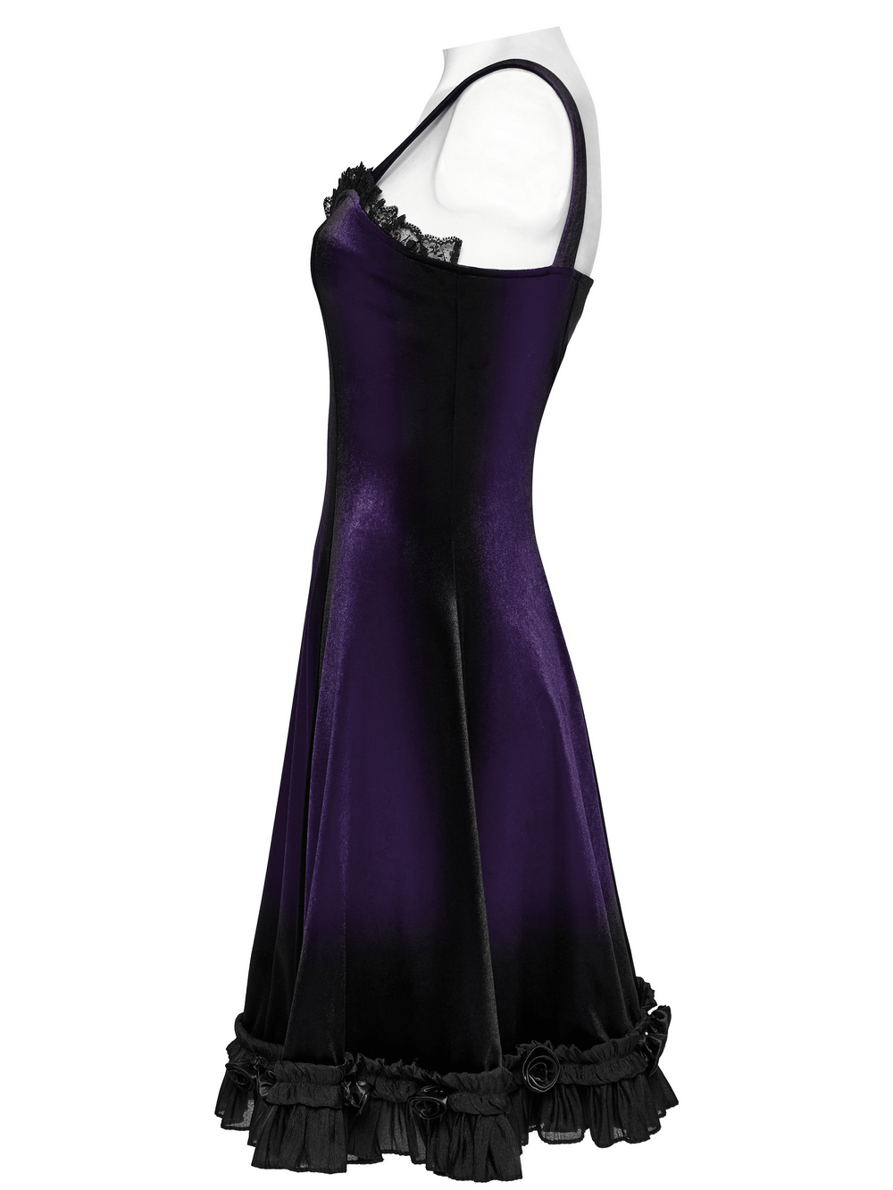 Female sleeveless velvet dress in gradient purple with lace and ruffle hem, showcasing gothic elegance and femininity.