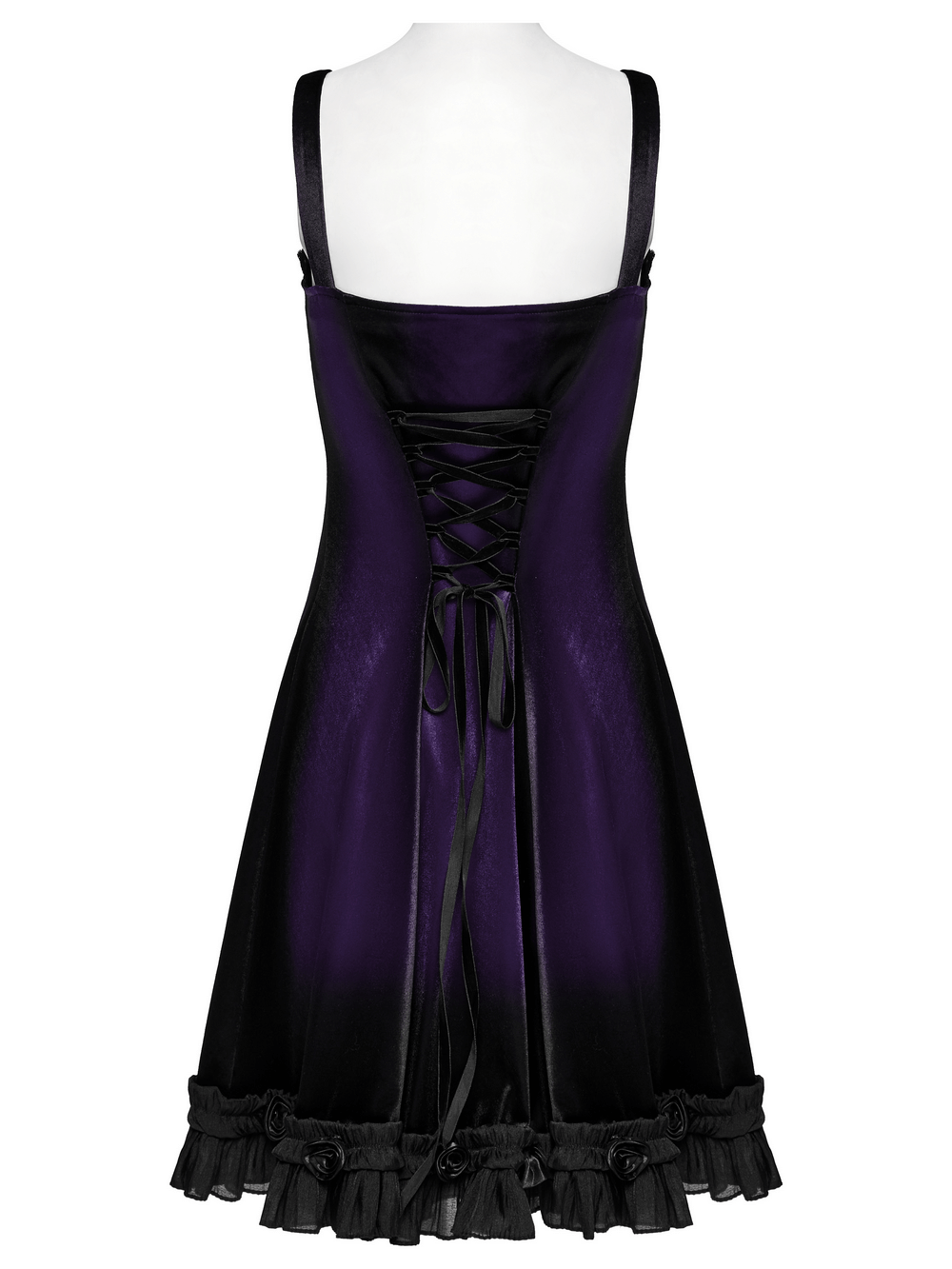 Back view of a female sleeveless velvet dress with lace ruffle hem and adjustable corset detail in gradient purple and black.