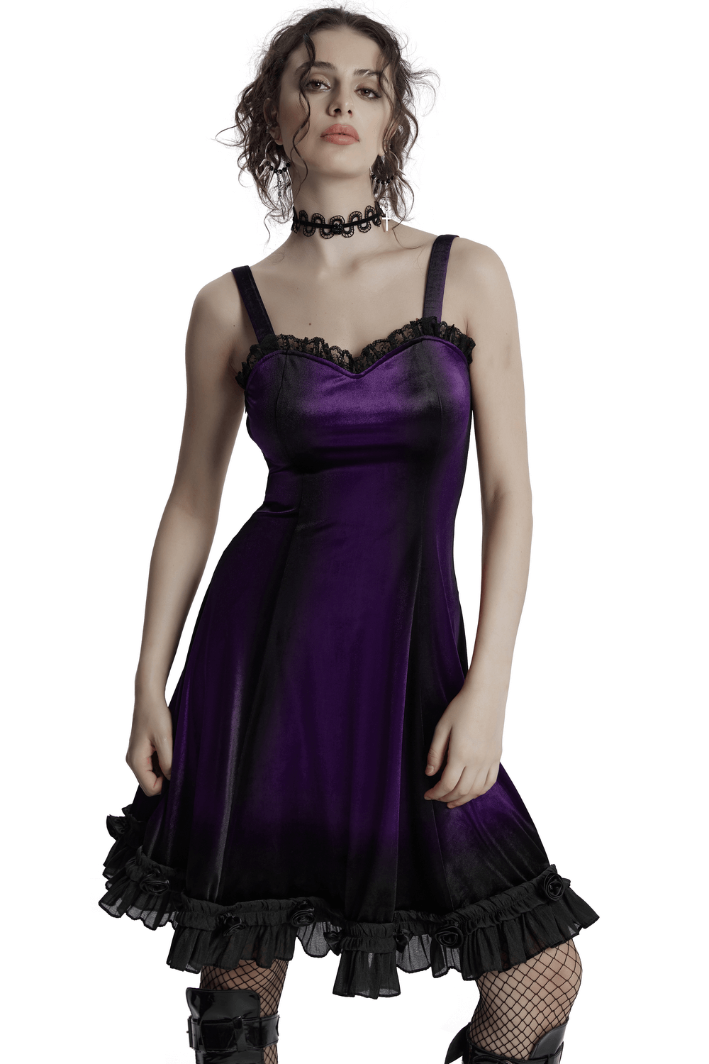 Goth velvet dress with ruffle hem and lace detailing, showcasing a gradient design in purple tones.