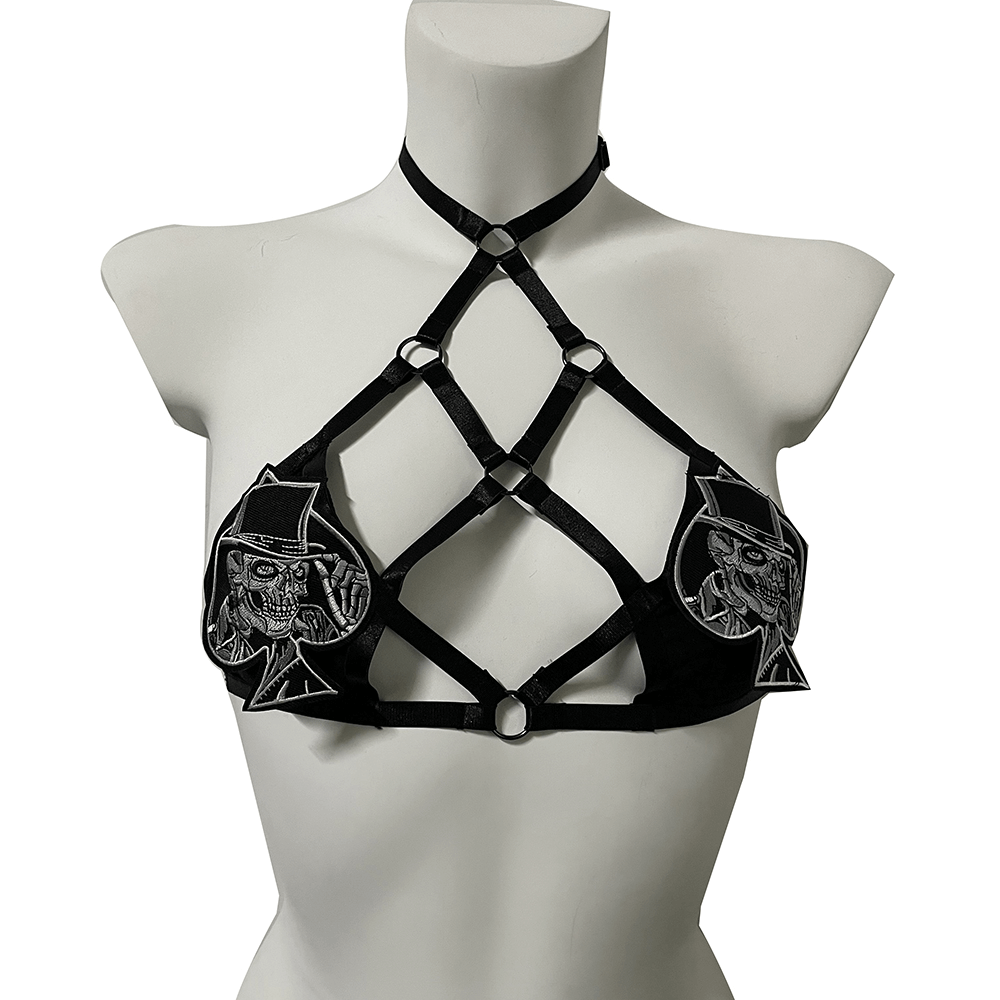 Female Strappy Halter Bra With Patches / Gothic Adjustable Harness Bra