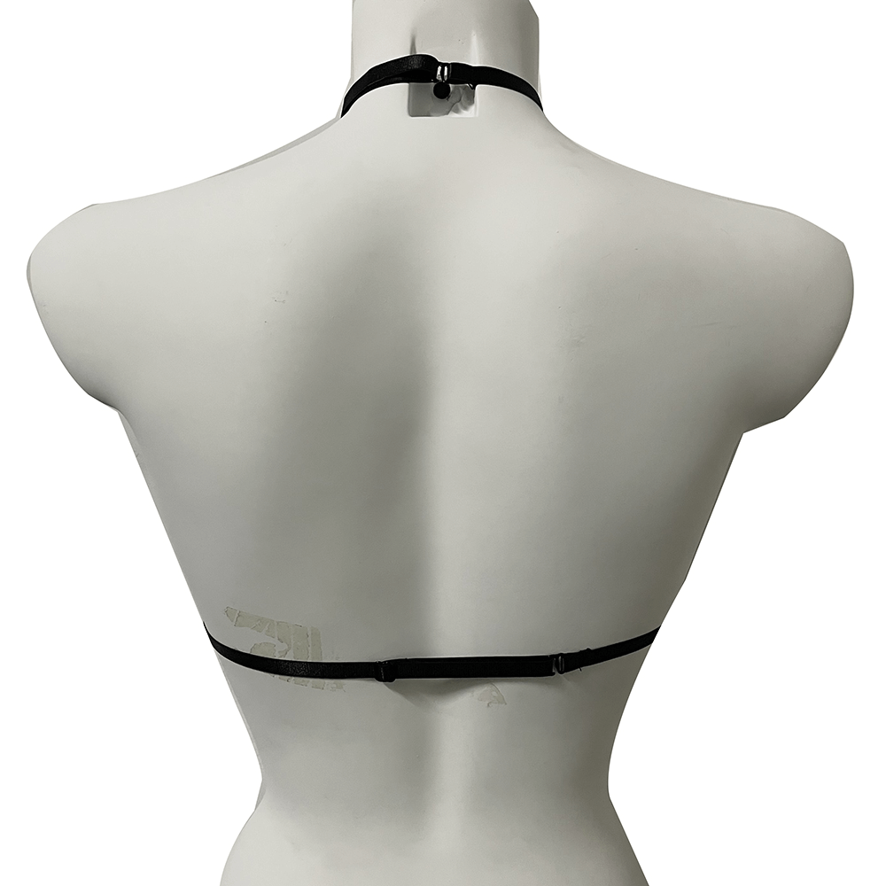 Back view of the female strappy halter bra showcasing its adjustable straps and gothic design.