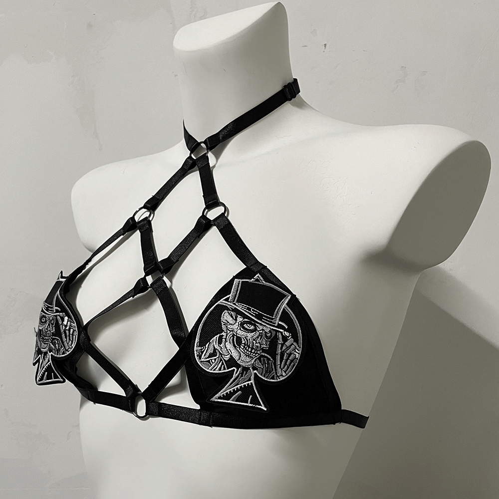 Female Strappy Halter Bra With Patches / Gothic Adjustable Harness Bra - HARD'N'HEAVY