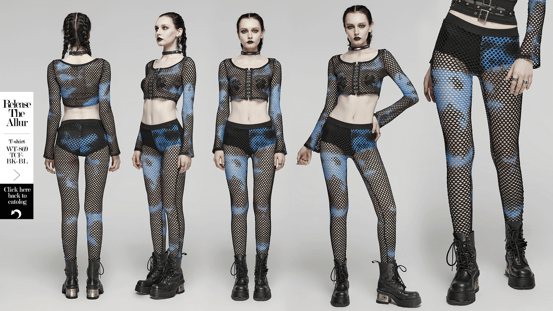 Edgy female model showcasing black-blue tie-dye fishnet mesh leggings for trendy streetwear style.