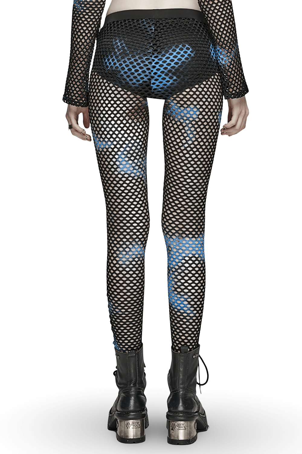 Stylish black-blue fishnet mesh leggings for edgy streetwear, featuring a unique tie-dye pattern.