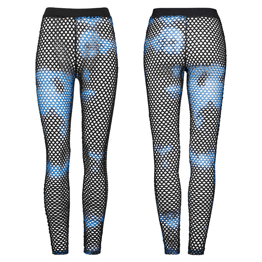 Edgy black-blue fishnet mesh leggings with tie-dye print for stylish streetwear fashion.