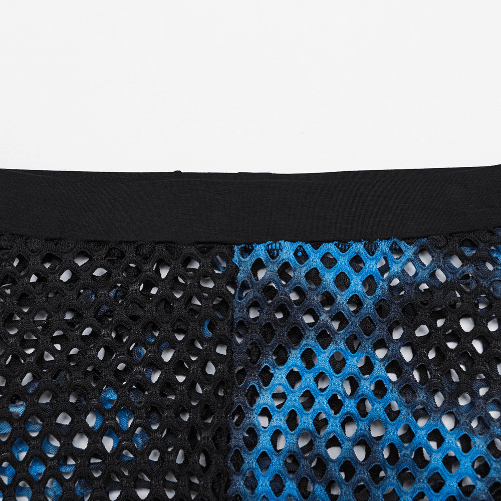 Close-up of black-blue fishnet mesh leggings with stylish tie-dye pattern for edgy streetwear.