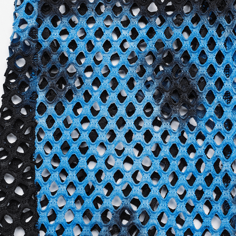 Close-up of black-blue fishnet mesh fabric, ideal for stylish punk streetwear leggings.