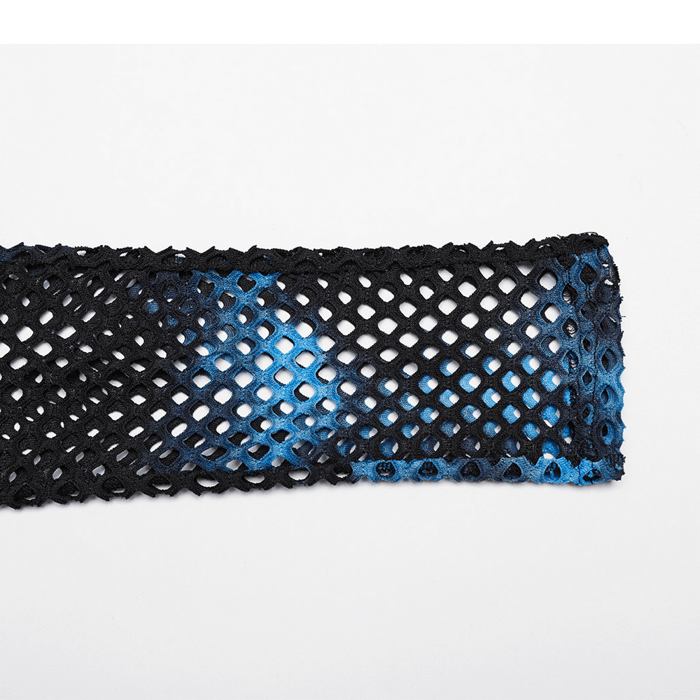 Stylish black-blue fishnet mesh legging fabric showcasing edgy tie-dye design for trendy streetwear.
