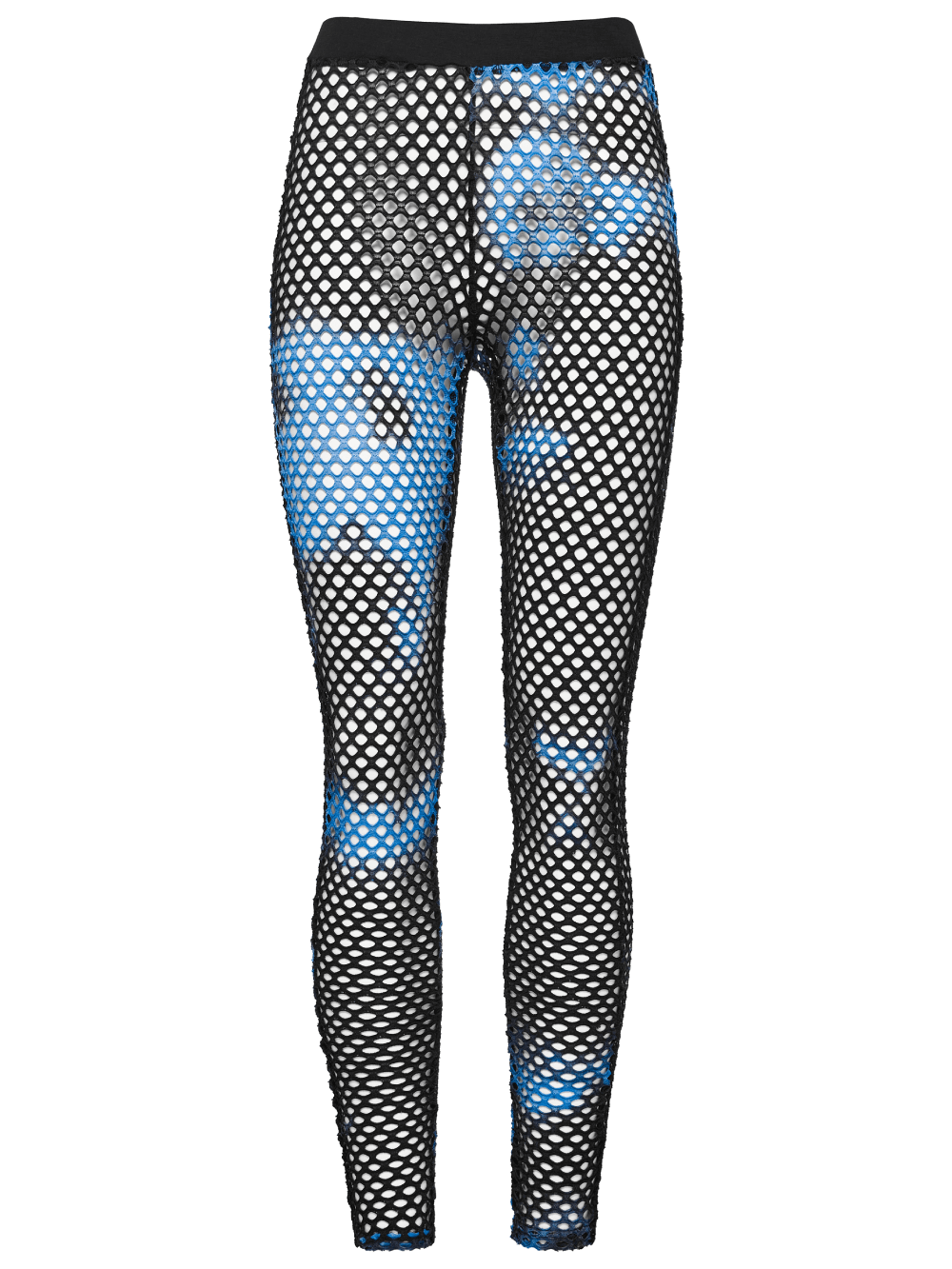 Stylish black-blue fishnet mesh leggings with bold tie-dye print for edgy streetwear fashion.