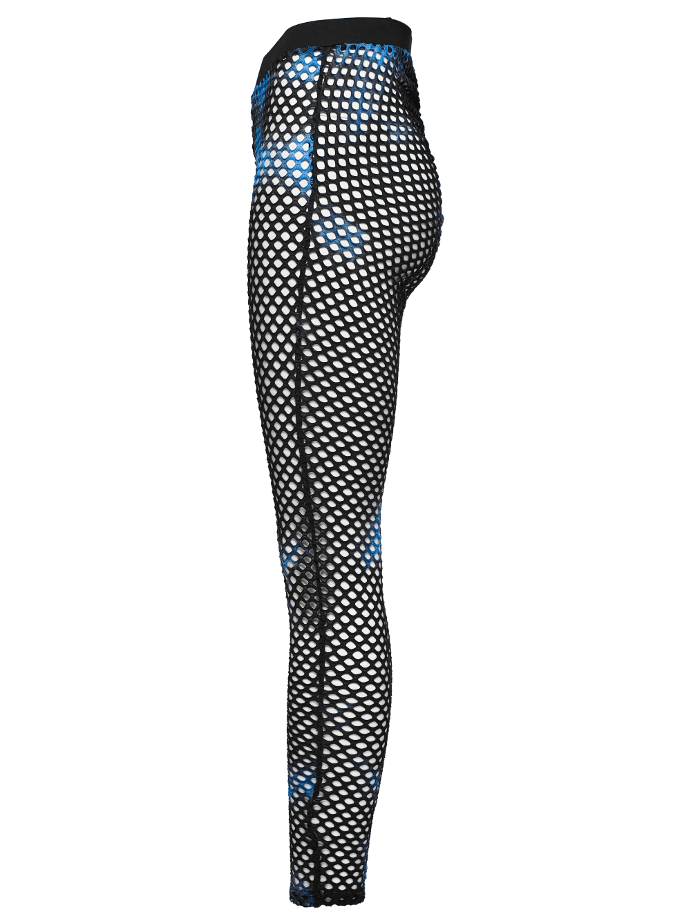Side view of female stylish black-blue fishnet mesh leggings with tie-dye print for edgy streetwear.