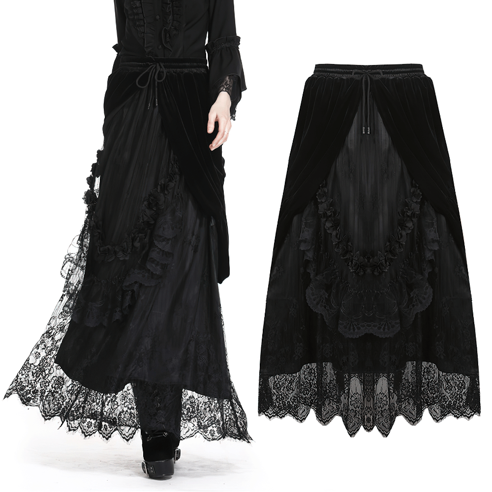 Flowy black velvet gothic maxi skirt with lace trim, perfect for dark and romantic styles.